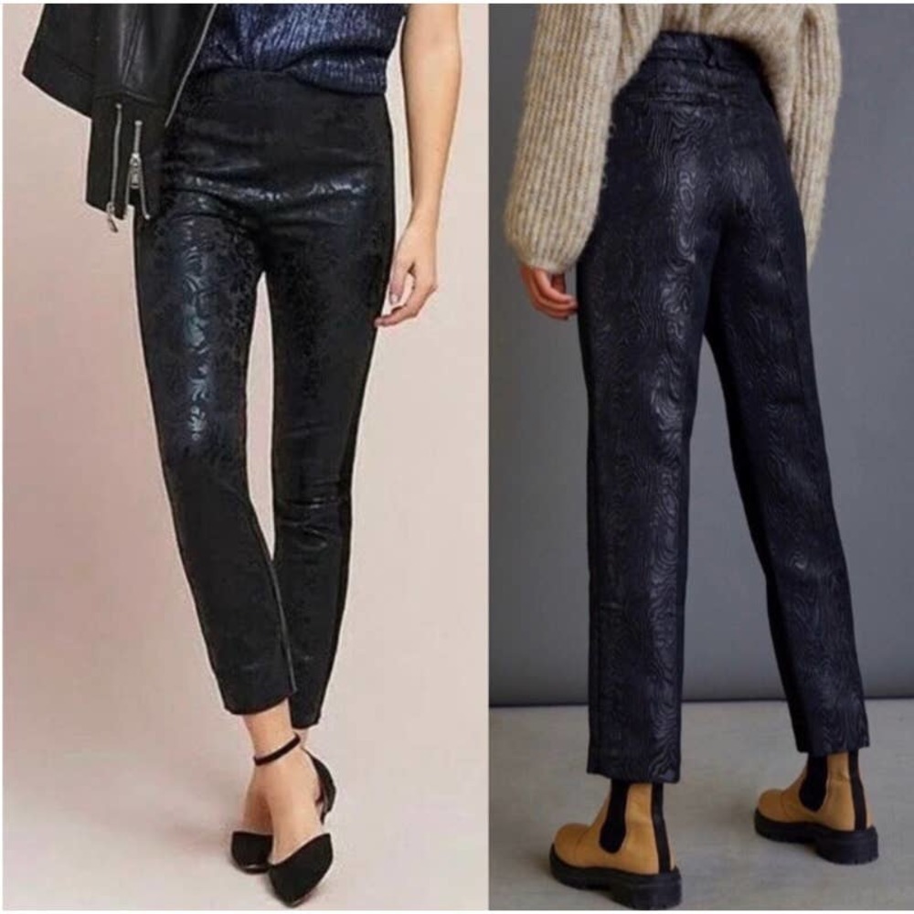 NWT Anthropologie The Essential Luxury Slim Black Motif Straight Pants Size 6​​​